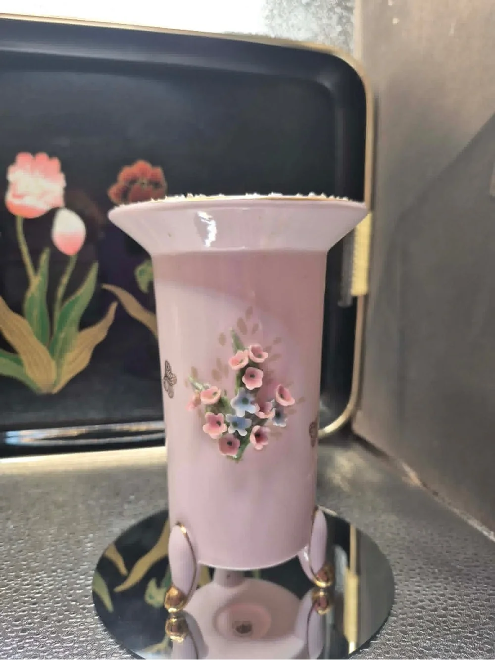 Vintage MCM Pink Lefton China Footed Bud Vase 24k Gold Sugared Rim & butterflies